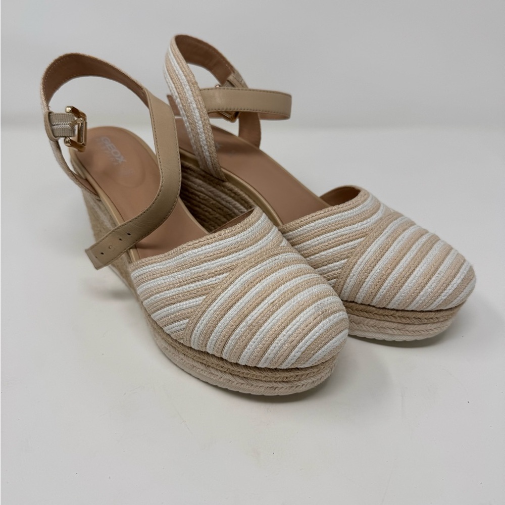 Geox Tan and White Striped Espadrille Wedges